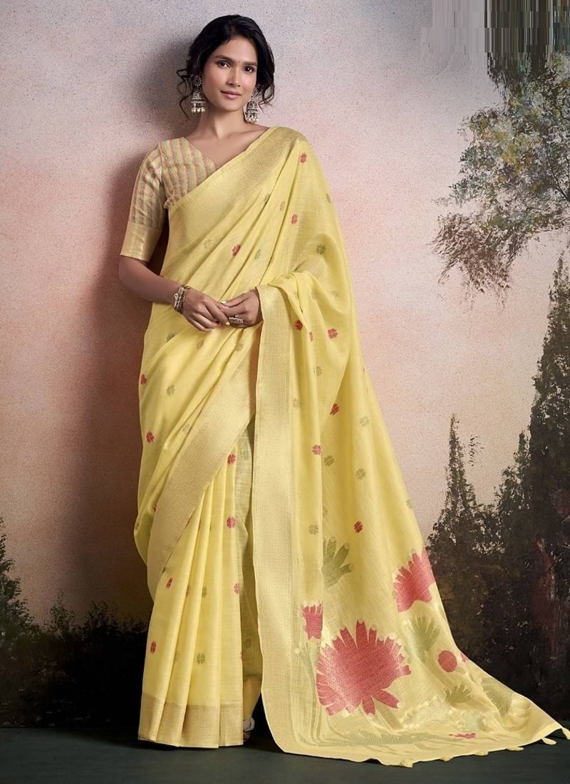 yellow linen festival wear saree