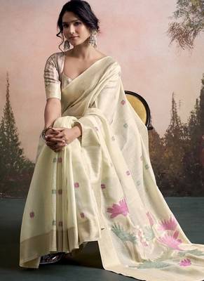 off white linen festival wear saree 2