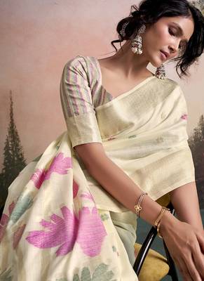 off white linen festival wear saree 3