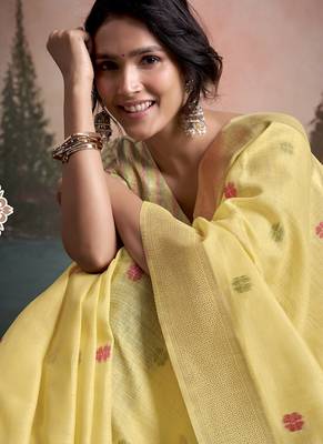 yellow linen festival wear saree 2