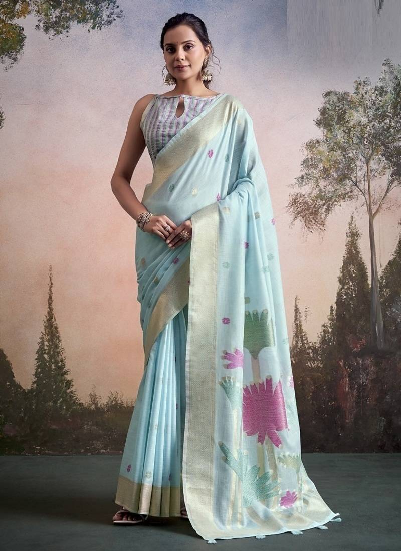 sky blue linen festival wear saree