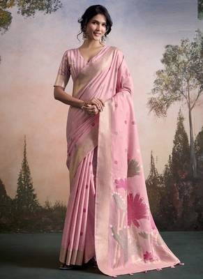 baby pink linen festival wear saree 1