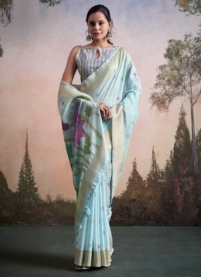 sky blue linen festival wear saree 2