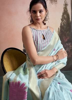 sky blue linen festival wear saree 3