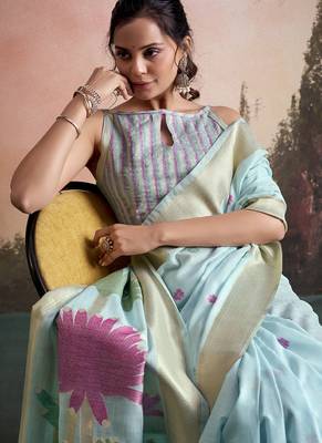 sky blue linen festival wear saree 4