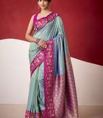 steel blue soft silk blend with rich woven borders sarees