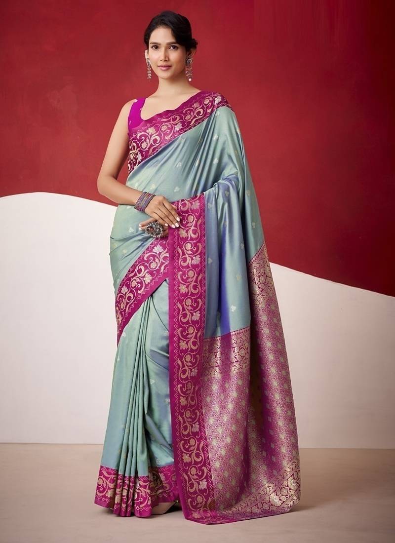steel blue soft silk blend with rich woven borders sarees