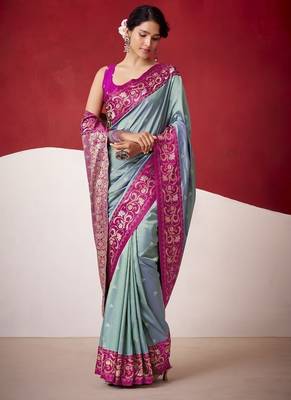 steel blue soft silk blend with rich woven borders sarees 2