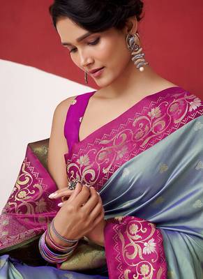 steel blue soft silk blend with rich woven borders sarees 3