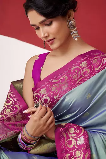 steel blue soft silk blend with rich woven borders sarees