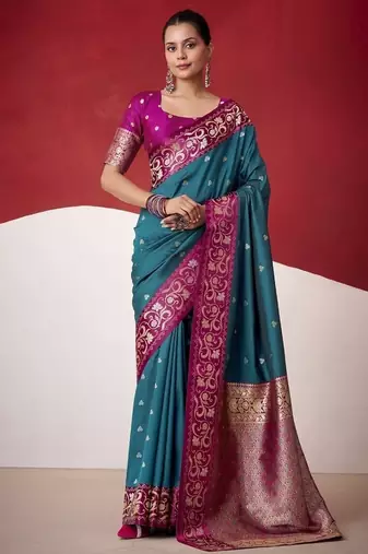 peacock blue soft silk blend with rich woven borders sarees