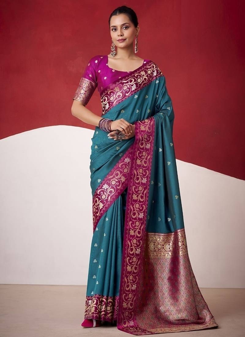 peacock blue soft silk blend with rich woven borders sarees