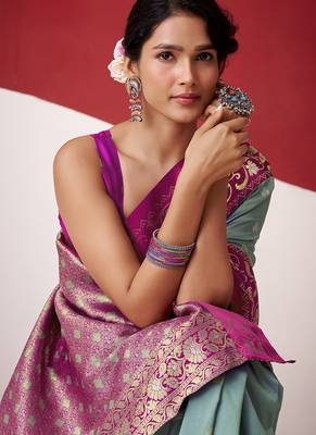 steel blue soft silk blend with rich woven borders sarees 4