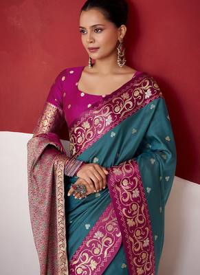 peacock blue soft silk blend with rich woven borders sarees 2