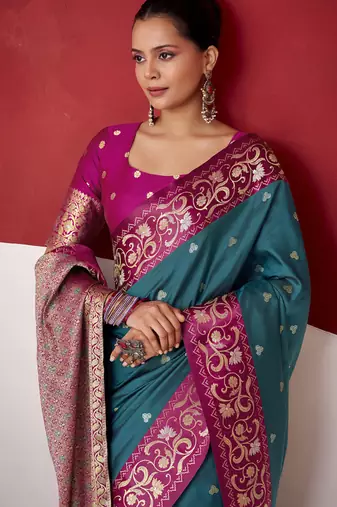 peacock blue soft silk blend with rich woven borders sarees