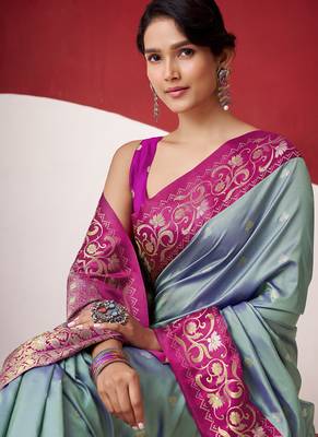 steel blue soft silk blend with rich woven borders sarees 5
