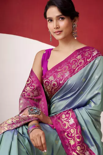 steel blue soft silk blend with rich woven borders sarees