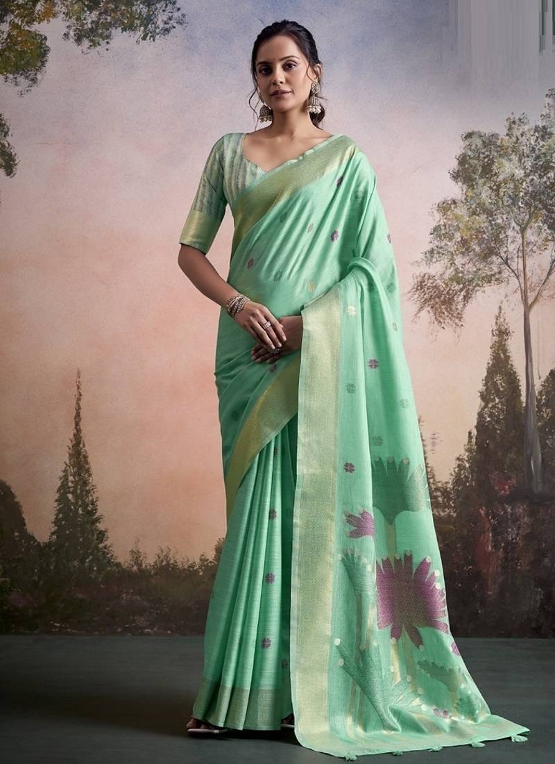 turquoise linen festival wear saree