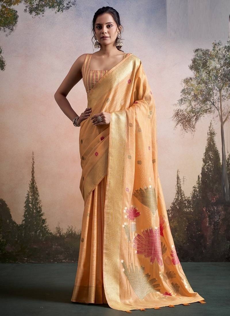 orange linen festival wear saree