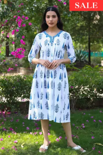 Jaipur sanganeri leaf print blue A-line dress