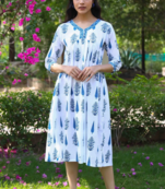 Jaipur sanganeri leaf print blue A-line dress