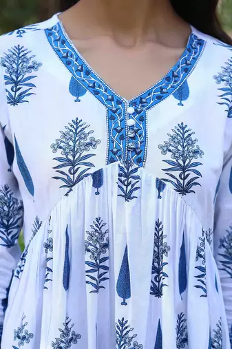 Jaipur sanganeri leaf print blue A-line dress