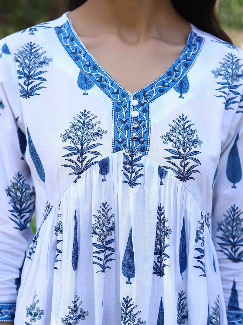 Jaipur sanganeri leaf print blue A-line dress