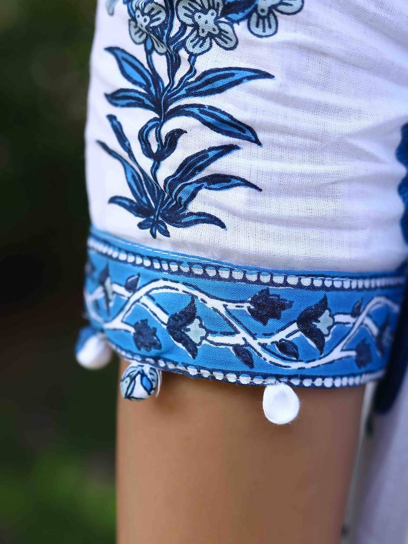 Jaipur sanganeri leaf print blue A-line dress