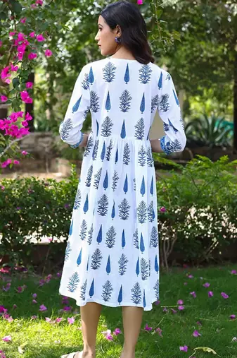 Jaipur sanganeri leaf print blue A-line dress