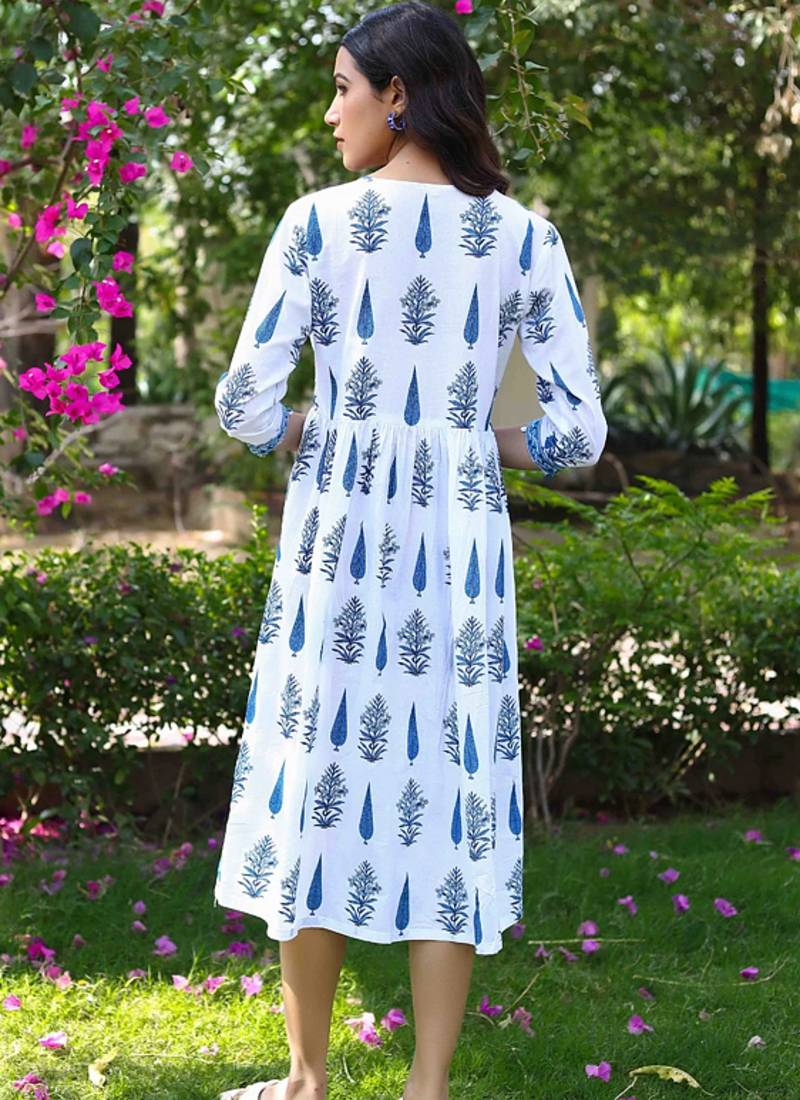 Jaipur sanganeri leaf print blue A-line dress