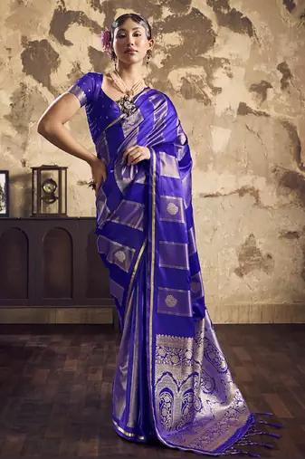 Blue satin dual tone handloom weaving  festival wear saree