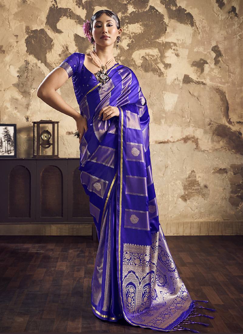 Blue satin dual tone handloom weaving  festival wear saree