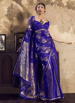 Blue satin dual tone handloom weaving  festival wear saree 2