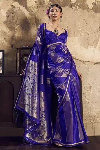 Blue satin dual tone handloom weaving  festival wear saree