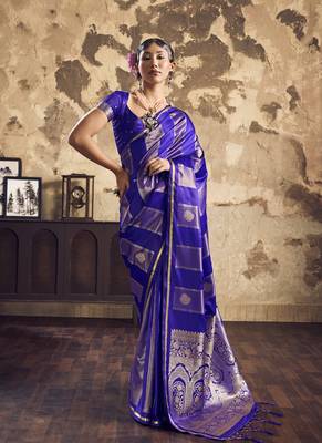 Blue satin dual tone handloom weaving  festival wear saree 3