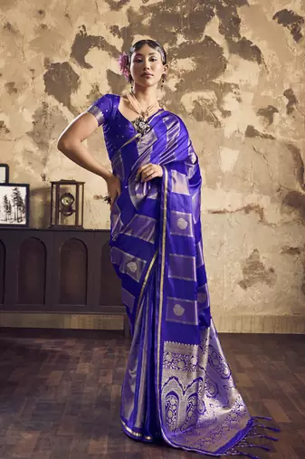 Blue satin dual tone handloom weaving  festival wear saree
