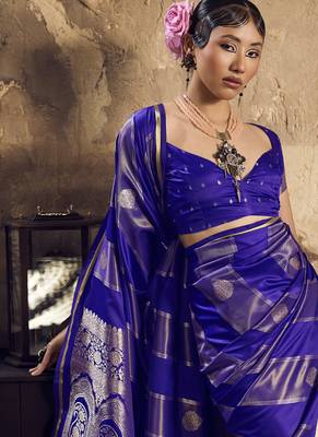 Blue satin dual tone handloom weaving  festival wear saree 4