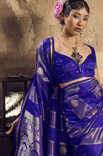 Blue satin dual tone handloom weaving  festival wear saree