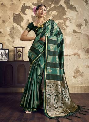 Green satin dual tone handloom weaving  festival wear saree 1