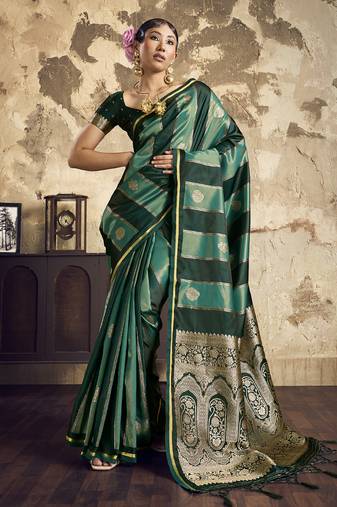 Green satin dual tone handloom weaving  festival wear saree
