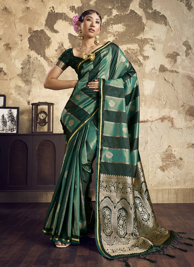 Green satin dual tone handloom weaving  festival wear saree