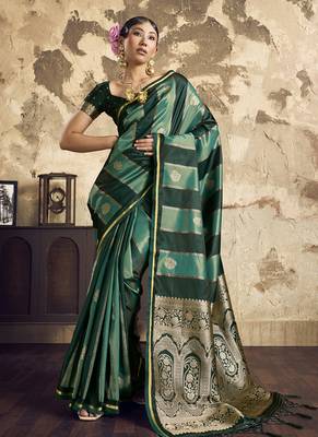 Green satin dual tone handloom weaving  festival wear saree 3
