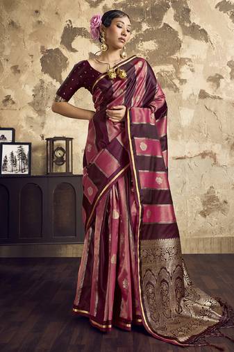 Maroon satin dual tone handloom weaving  festival wear saree