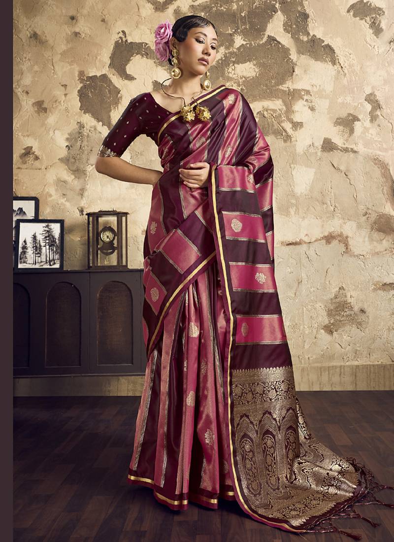 Maroon satin dual tone handloom weaving  festival wear saree