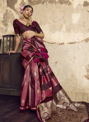 Maroon satin dual tone handloom weaving  festival wear saree 2