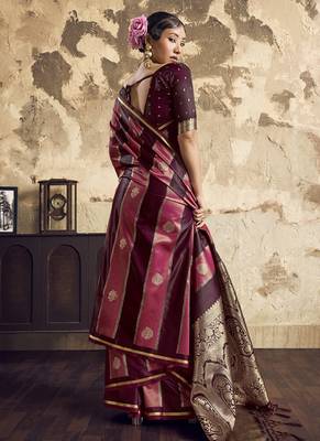 Maroon satin dual tone handloom weaving  festival wear saree 3