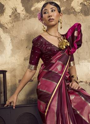 Maroon satin dual tone handloom weaving  festival wear saree 4