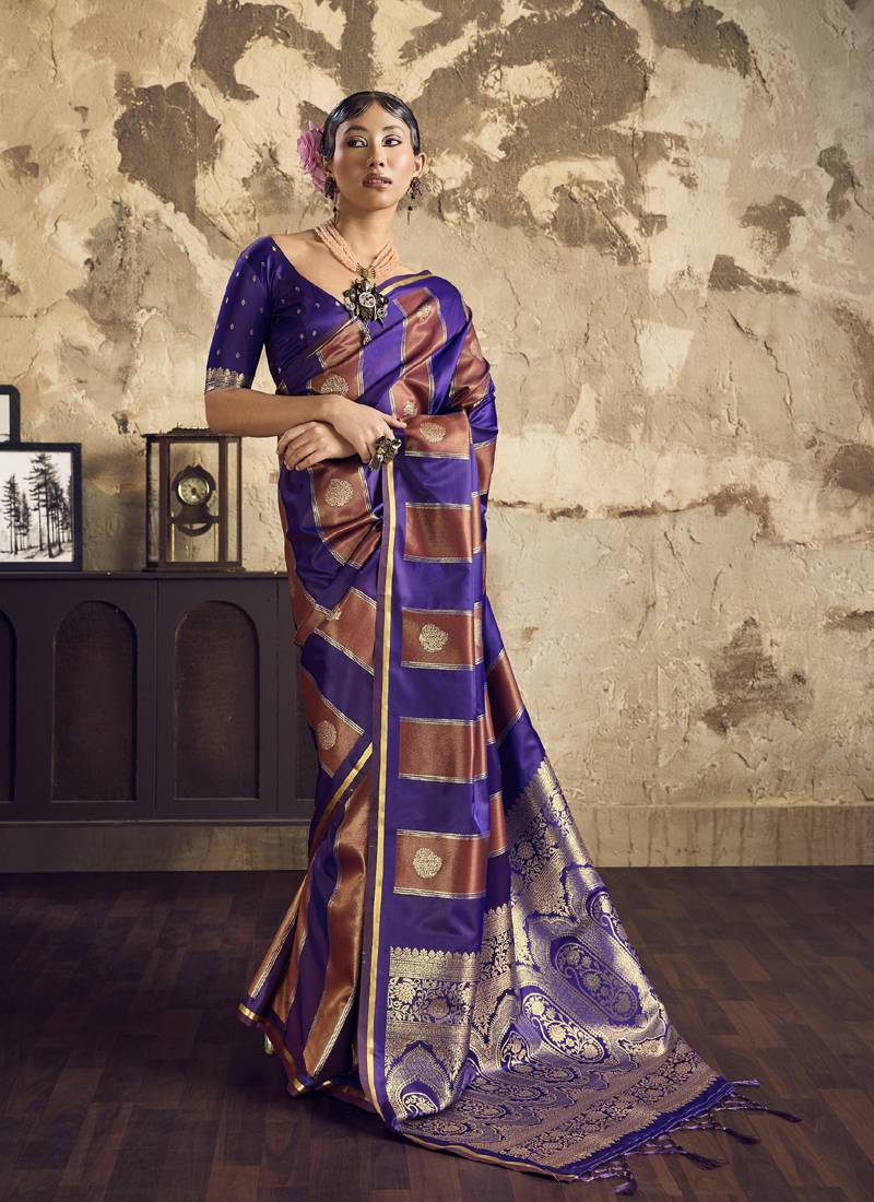 Purple satin dual tone handloom weaving  festival wear saree