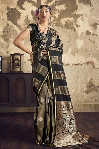 Black satin dual tone handloom weaving  festival wear saree