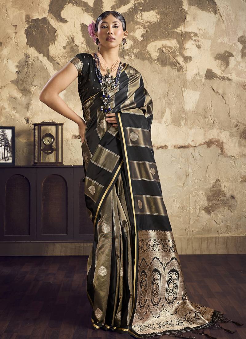 Black satin dual tone handloom weaving  festival wear saree